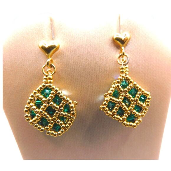 Artisan Pierced Green Earrings AB Like Coated Beads Dangle Style Gold Tone - Picture 3 of 7